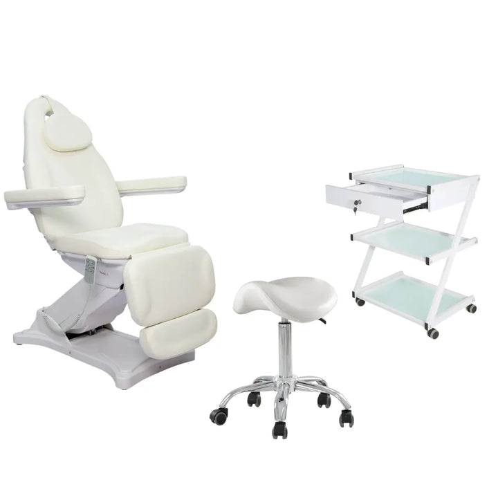 white facial bed electrical with a saddle seat salon stool white and a salon rolling trolley one drawer white  facailset