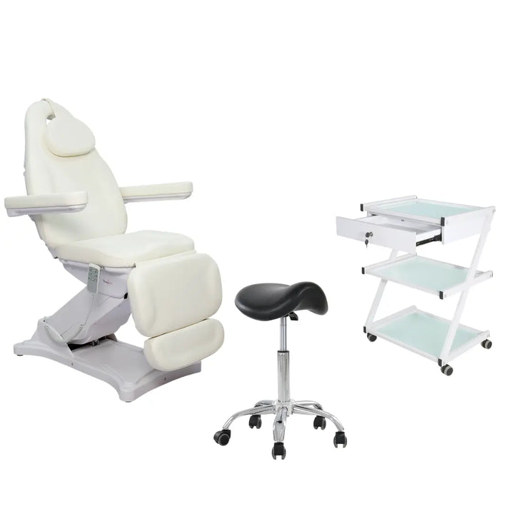 white facial bed electrical with a saddle seat salon stool black and a salon rolling trolley one drawer white Z fram structure facial set